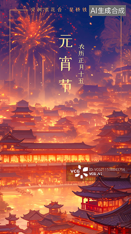【AI数字艺术】元宵节海报模板插画设计，中国风城市古代街景，繁华的大唐不夜城场景图片素材