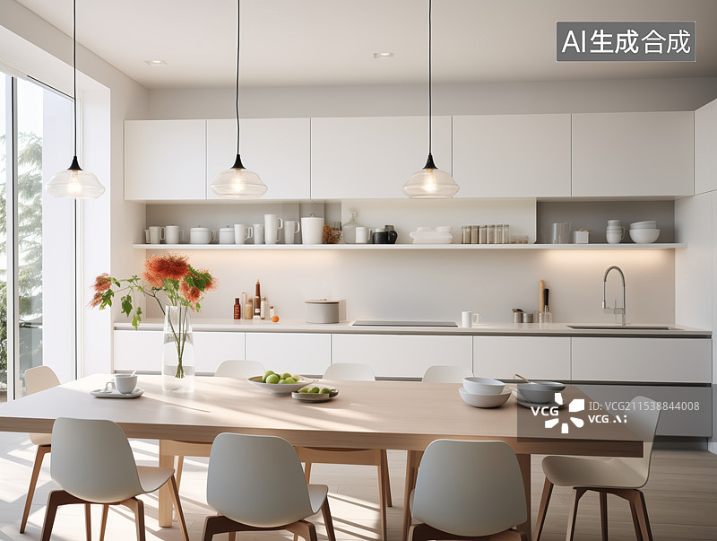 【AI数字艺术】北欧风轻奢小户型厨房餐厅设计图片素材