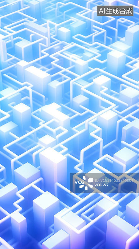 【AI数字艺术】蓝色调的立方体和管道组成的复杂网络图片素材
