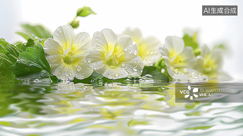 【AI数字艺术】带水珠的月见草花和水面倒影美容护肤元素图片素材