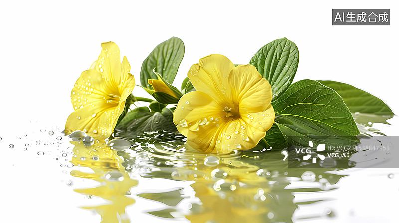 【AI数字艺术】带水珠的月见草花和水面倒影美容护肤元素图片素材