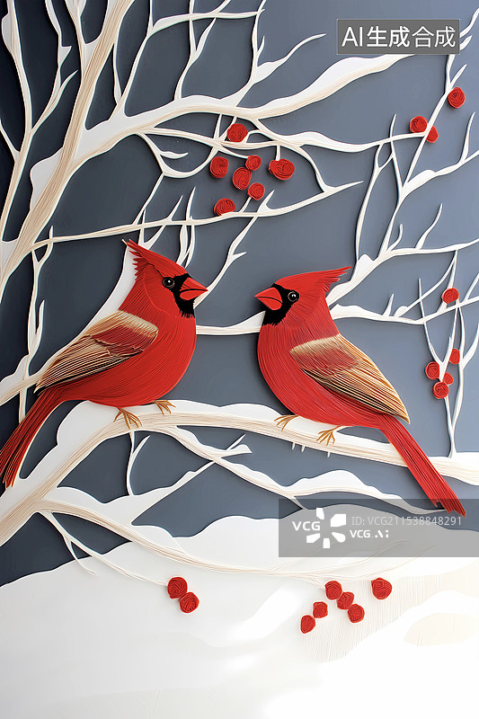 【AI数字艺术】剪纸冬天栖息在雪树枝上的一对小鸟图片素材