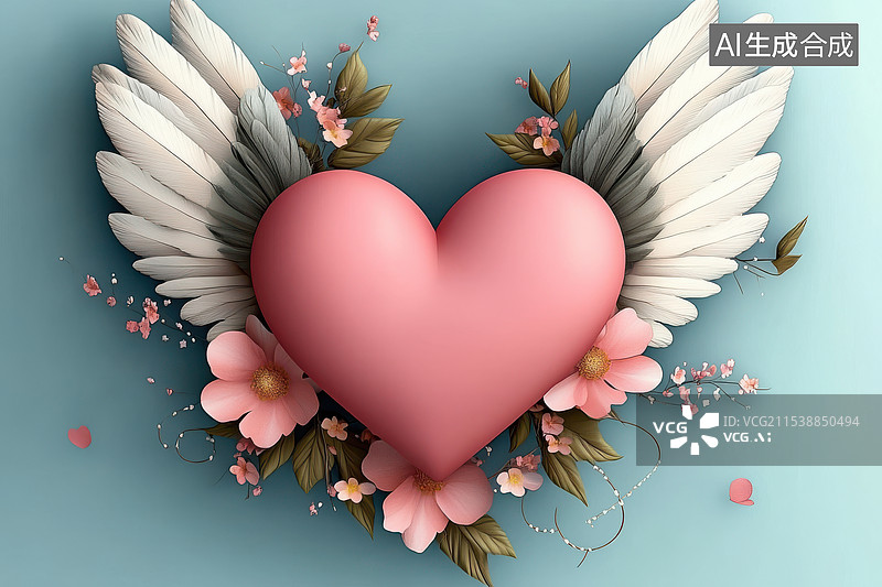 【AI数字艺术】带翅膀花朵的心形横幅背景海报插画图片素材