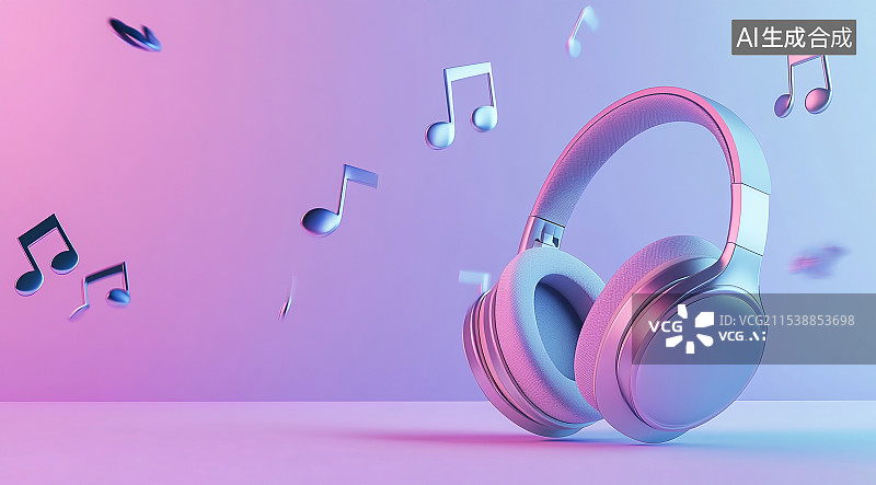 【AI数字艺术】紫色背景上的耳机和乐符音符图片素材