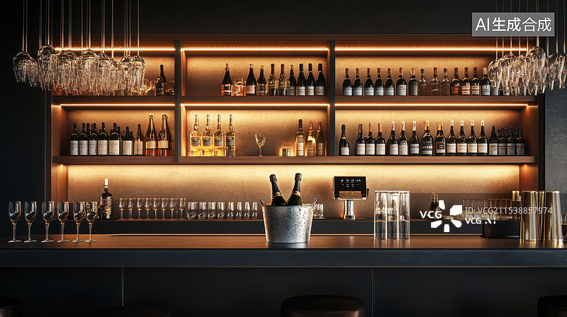【AI数字艺术】酒吧吧台上摆放的酒水图片素材