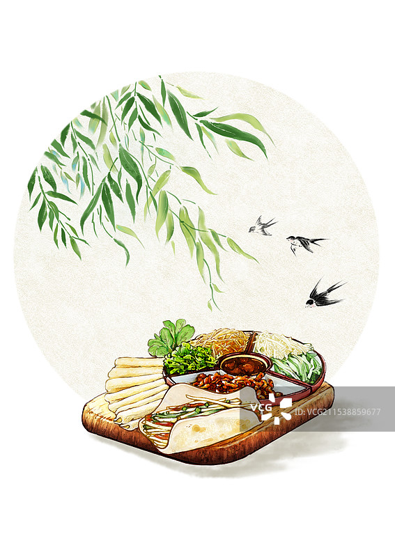 立春节气北方时令美食—春饼，柳叶飘燕子飞背景图片素材
