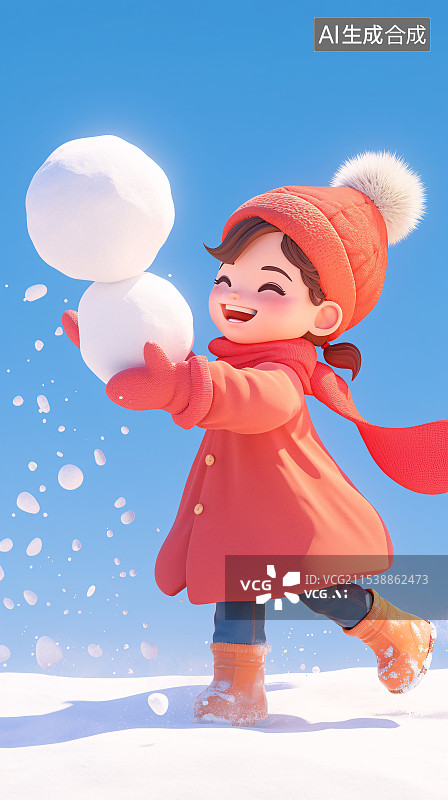 【AI数字艺术】3D卡通打雪仗的女孩插画图片素材