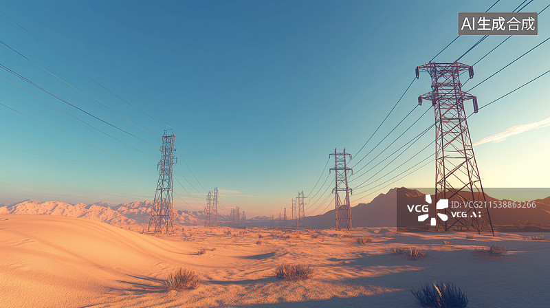 【AI数字艺术】荒漠地高压电线杆图片素材