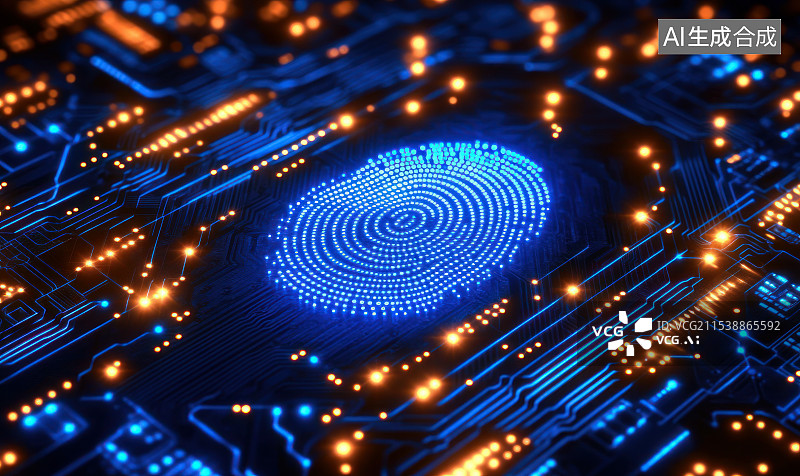 【AI数字艺术】蓝色3D智能芯片电路板和生物指纹识别解锁概念图片素材