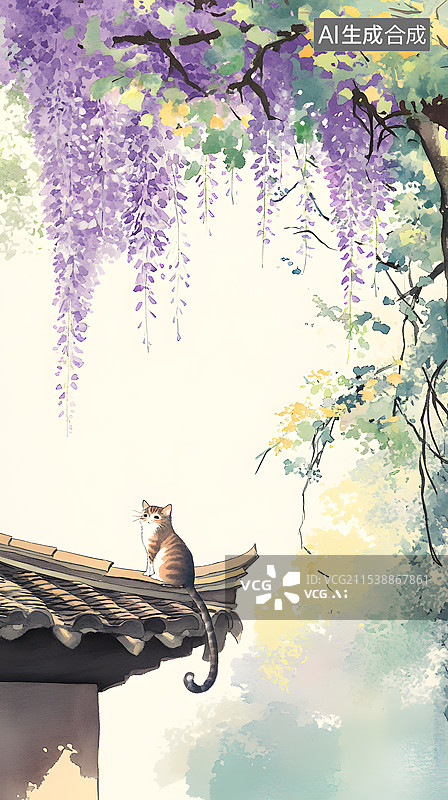 【AI数字艺术】中国风紫藤萝花下小猫宠物卡通插画图片素材