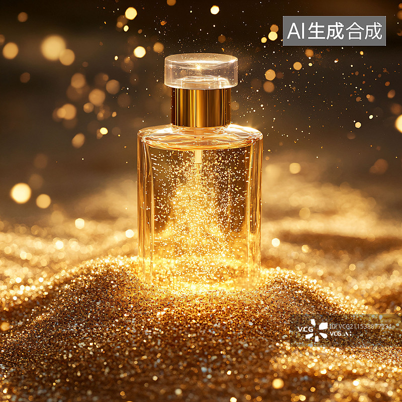 【AI数字艺术】流金金沙香水创意海报、玻璃瓶展台样机、C4D图片素材