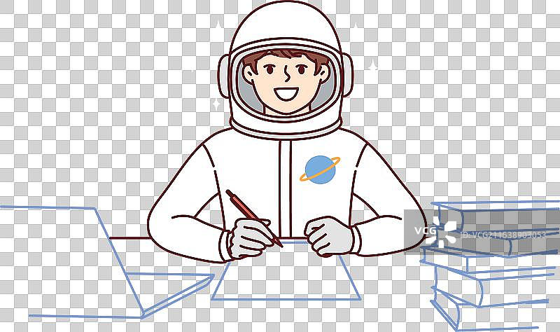 男孩宇航员坐在桌子上做作业图片素材