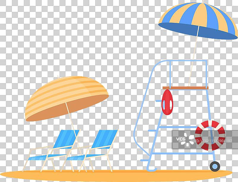 沙滩救生椅配伞和躺椅图片素材