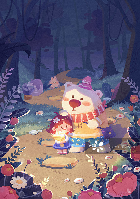 儿童插画/与大熊熊一起走夜路图片素材
