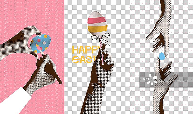 复古点彩拼贴海报系列，手握复活节彩蛋图片素材