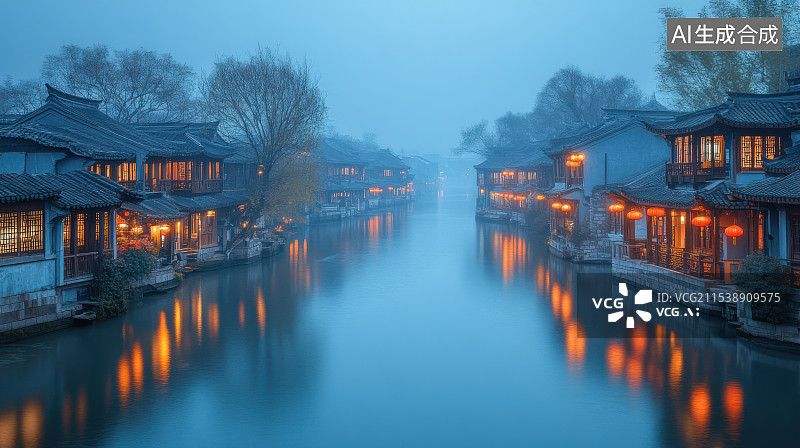 【AI数字艺术】中国江南水乡古建筑游船屋檐古色古香图片素材