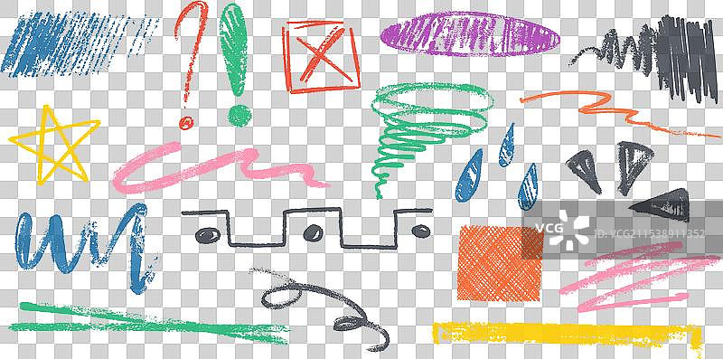 自由手绘的彩色蜡笔笔触与炭笔图片素材