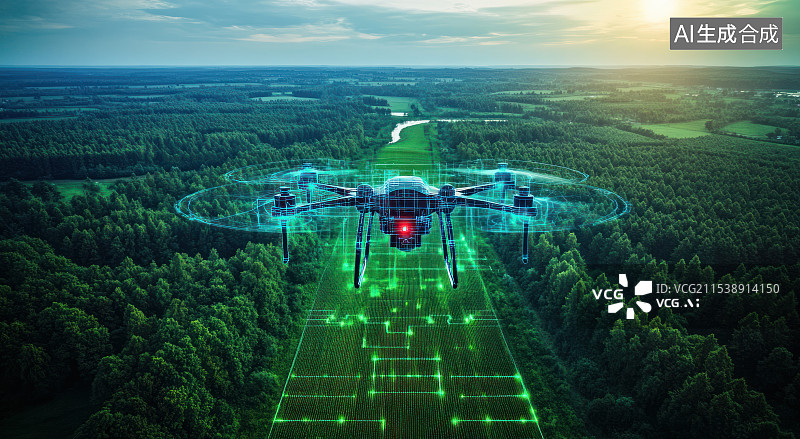 【AI数字艺术】在森林上方进行数据测绘的无人机图片素材