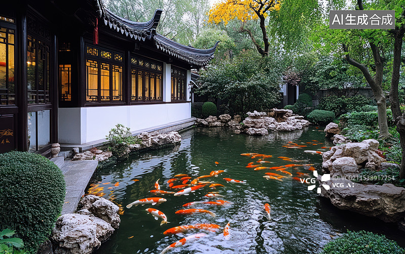 【AI数字艺术】中式高档别墅庭院景观房地产商业背景图片素材