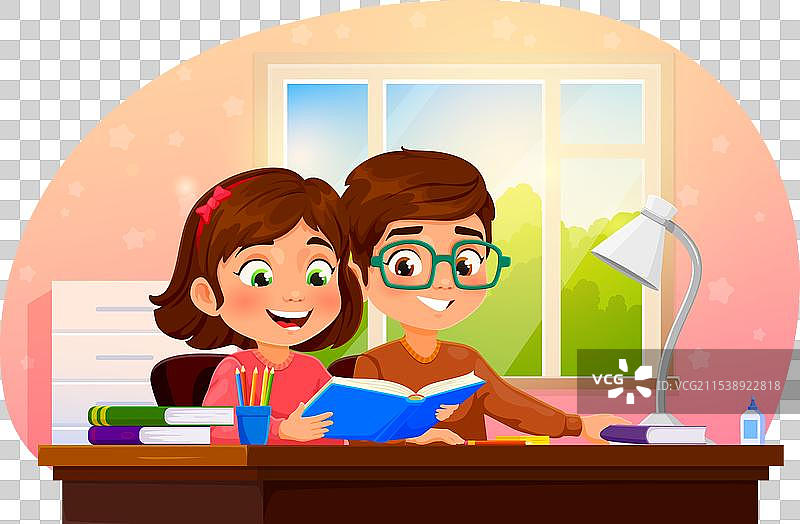 卡通男孩和女孩一起学习作业图片素材