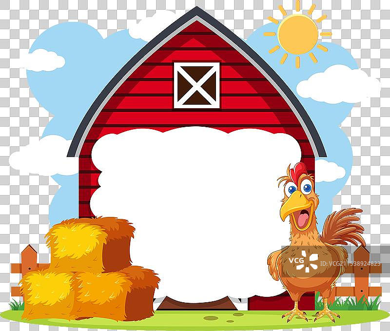 快乐的小鸡站在红色谷仓外面图片素材