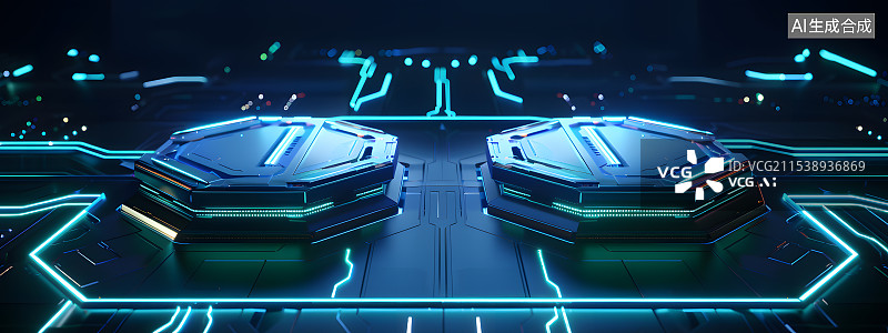 【AI数字艺术】赛博朋克风格科幻未来感电子商务产品空间展示展台平台背景图片素材