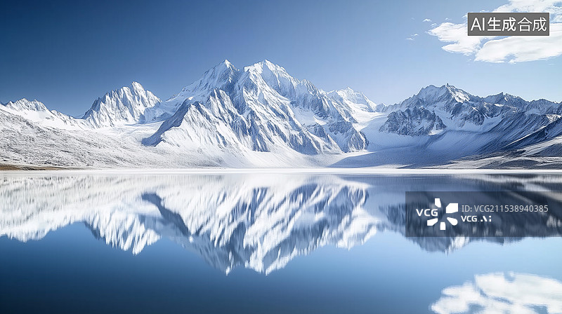 【AI数字艺术】白雪皑皑的群山映衬下的湖景图片素材