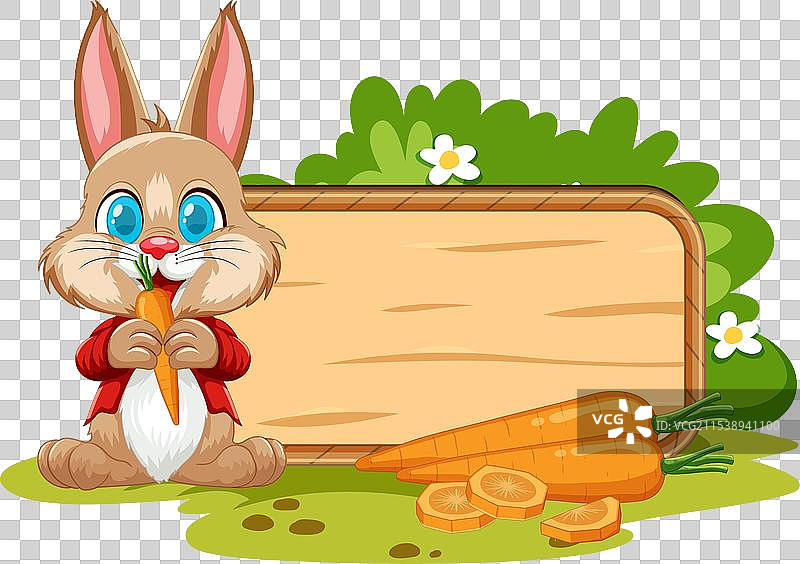 可爱的兔子坐在木牌旁边图片素材