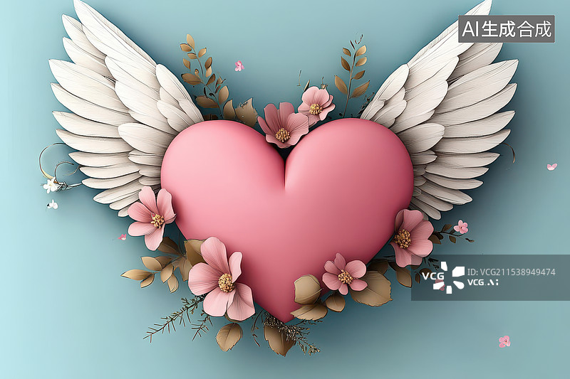 【AI数字艺术】带翅膀花朵的心形横幅背景海报插画图片素材
