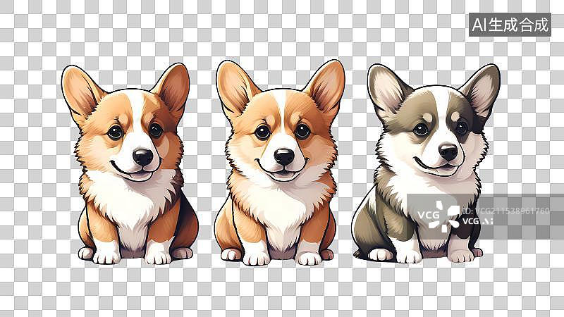 【AI数字艺术】三只柯基犬，狗，宠物柯基，萌系，治愈系手绘插画免抠元素图片素材