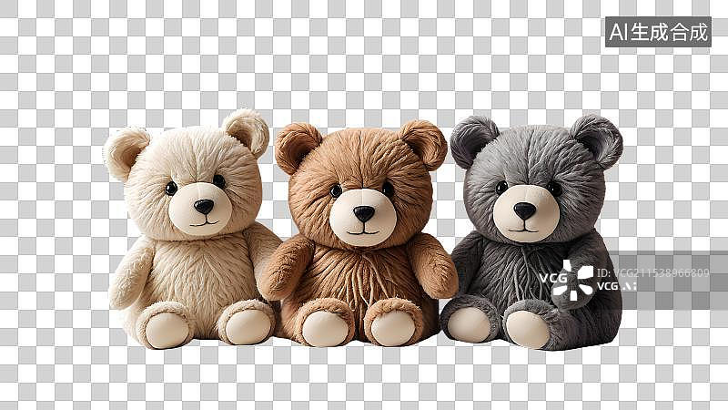 【AI数字艺术】三只小熊，毛绒玩具，娃娃，布偶，公仔，可爱的小熊，萌系，治愈系免抠元素图片素材