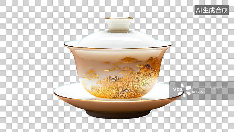 【AI数字艺术】盖碗茶，一个陶瓷盖碗，茶盏，茶杯茶具，瓷器，茶道，茶文化，喝茶饮茶免抠元素图片素材