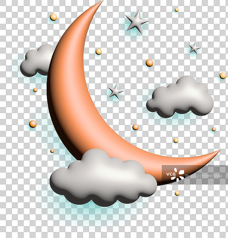 一个带有星星和云彩的3D开斋节新月图片素材