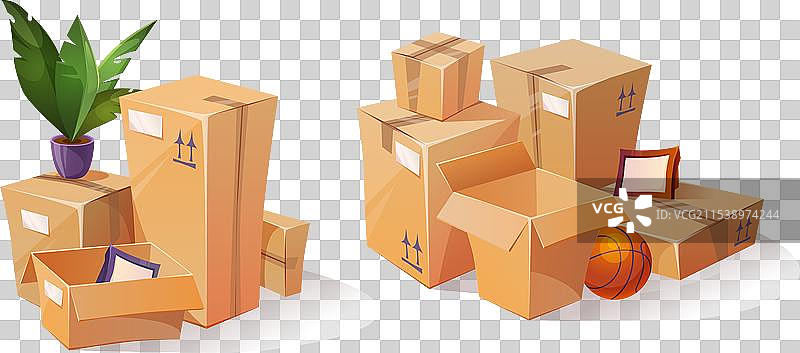 装有家居物品的纸箱堆图片素材