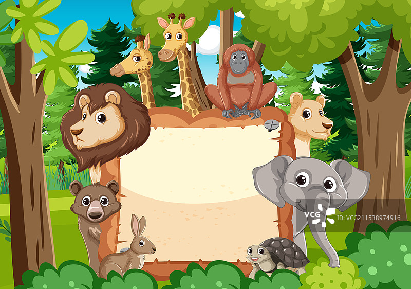 森林中围绕着空白横幅的卡通动物们图片素材