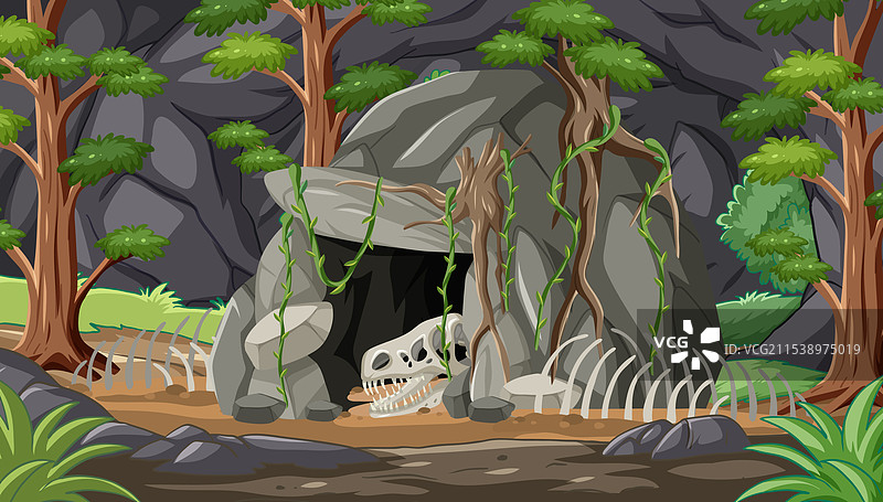一个有恐龙骨架的洞穴图片素材