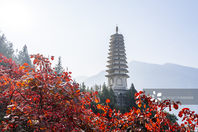 秋日红叶掩映中的巫山镇水塔图片素材