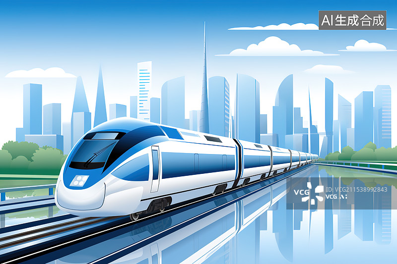 【AI数字艺术】城市高楼背景下轻轨列车穿梭扁平风插画图片素材