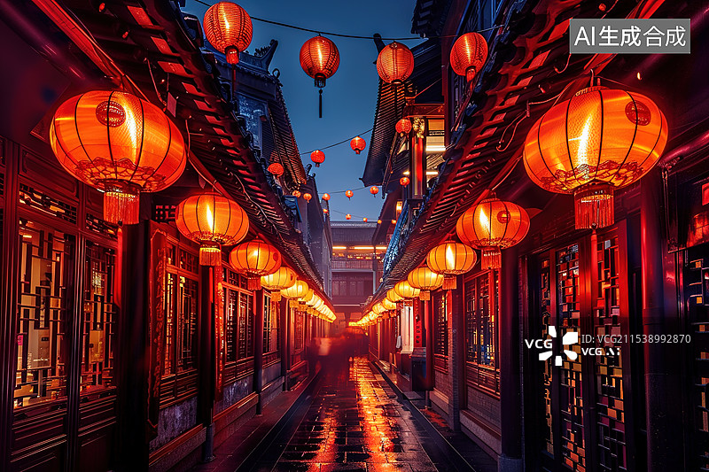 【AI数字艺术】春节期间挂满红色灯笼的中国古代建筑弄堂图片素材