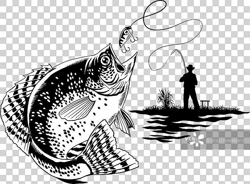 黑白色的渔夫在钓捕鲈鱼图片素材