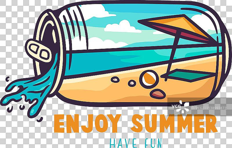 夏季饮料罐内的沙滩画作图片素材