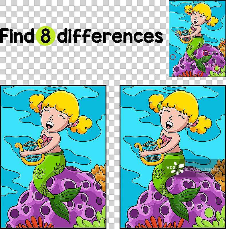 美人鱼弹奏竖琴，找出不同之处图片素材