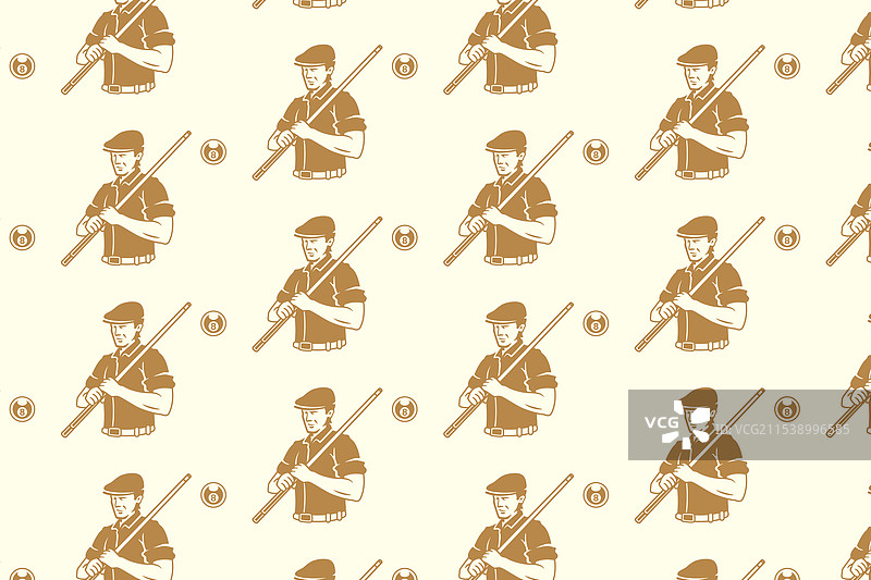 持杆的台球选手，背景为8号球图案图片素材