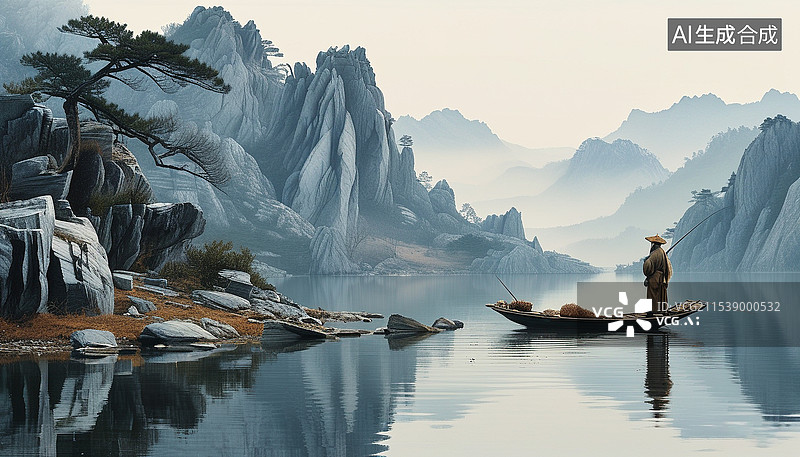【AI数字艺术】冬季寒江独钓国风山水图片素材