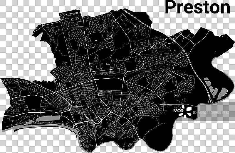 黑色普雷斯顿市地图行政区域图片素材