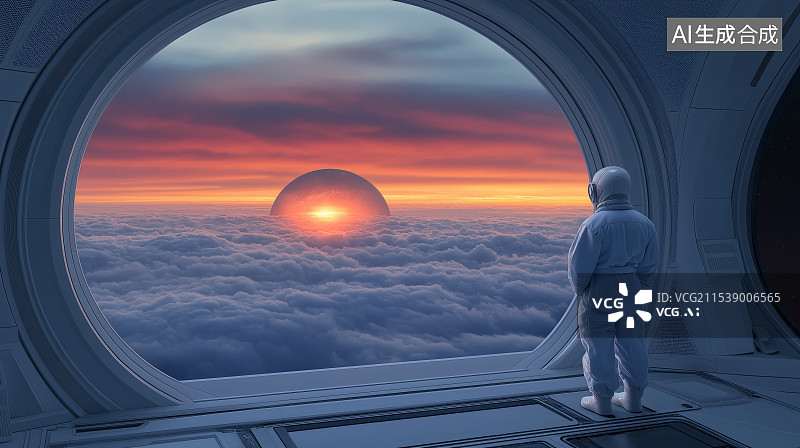 【AI数字艺术】一个航天员站在太空飞船的玻璃窗前图片素材