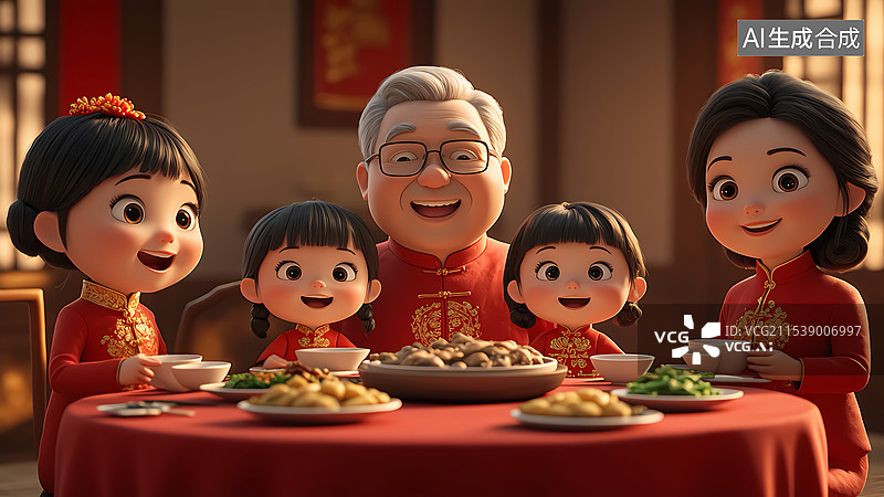 【AI数字艺术】国潮新年卡通3D人物阖家团圆背景图片素材