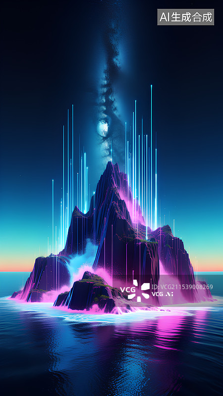 【AI数字艺术】科技波浪山峰海洋自然风光 发光的海岛图片素材