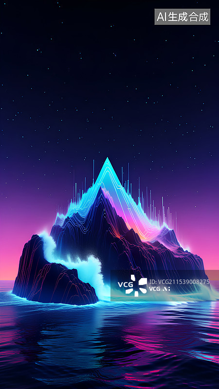 【AI数字艺术】夜空映衬下的海景 发光的海岛图片素材