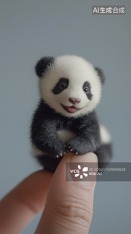 【AI数字艺术】创意指尖迷你真实熊猫，微观视角下萌宠可爱，珍稀动物特写新奇有趣，兼具艺术感，展现独特魅力。图片素材